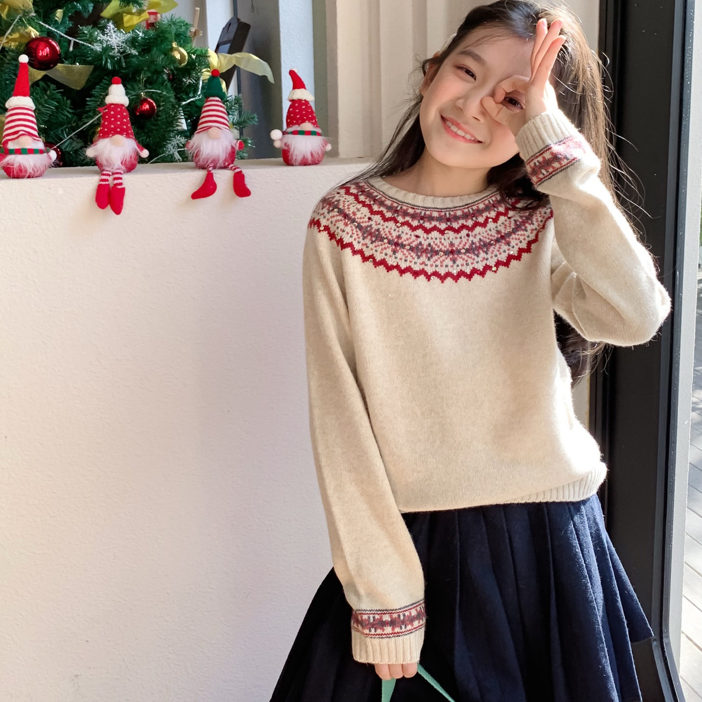 法单~圣诞节日款费尔岛羊毛针织衫 儿童烫钻提花羊毛混纺圆领毛衣,童装/婴儿装/亲子装,毛衣/针织衫,淘宝优惠券,粉丝福利购,淘宝优惠卷