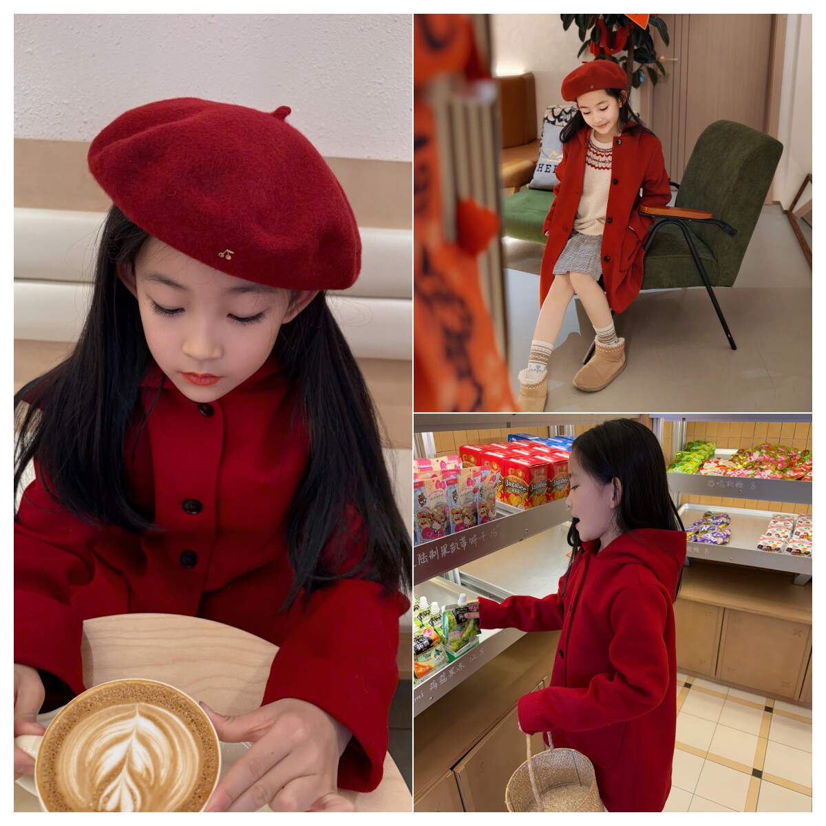 女童新年毛呢手工大衣 儿童秋冬新年红羊毛呢子大衣外套 中长款