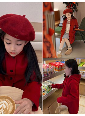 女童新年毛呢手工大衣 儿童秋冬新年红羊毛呢子大衣外套 中长款