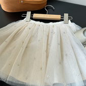 法单 裙 25春夏新款 女童星星刺绣网纱半裙 儿童米白色蓬蓬公主裙