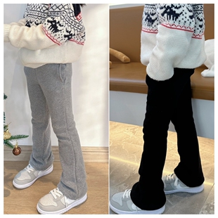 两色加绒加厚喇叭卫裤 儿童一体绒保暖微喇叭裤 女童秋冬休闲裤子