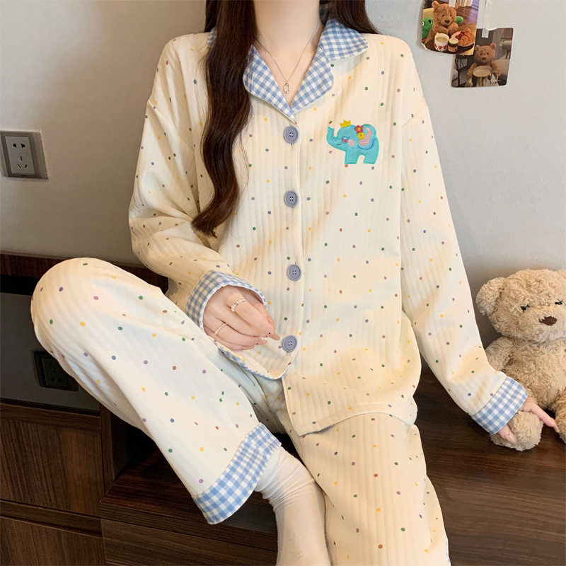 空气棉彩色波点睡衣女秋冬季新款甜美卡通夹层保暖家居服套装可爱