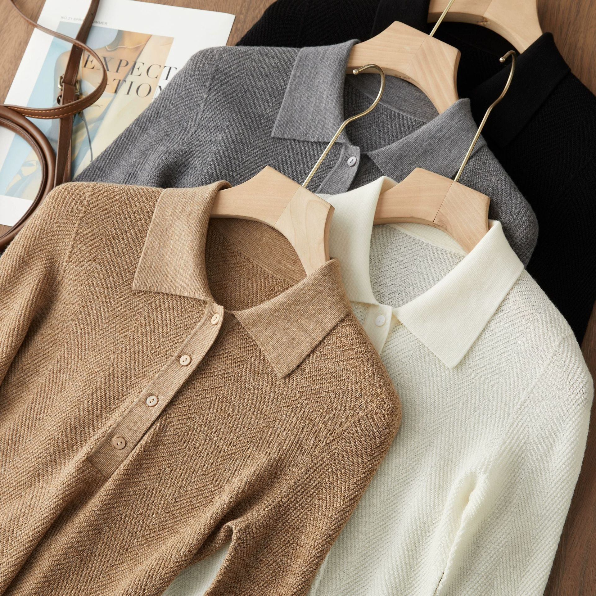 【温流线POLO】100%美丽诺羊毛老钱风无缝一体扬子纱人字纹Polo衫