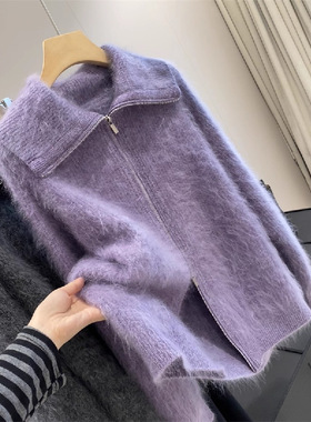 双拉链头大翻领羊绒拉绒拉毛毛衣开衫135斤内孤品