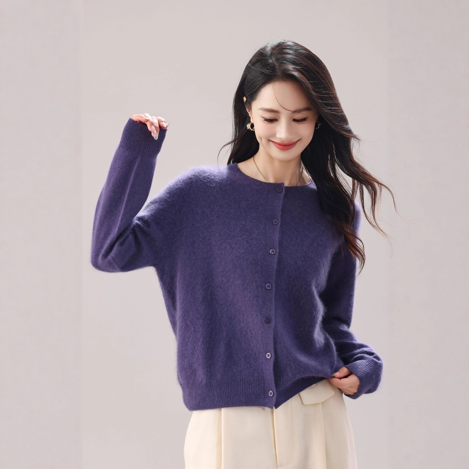 拉绒 25年新 5%山羊绒95%澳洲羊毛 排扣开衫无缝拉毛羊绒女