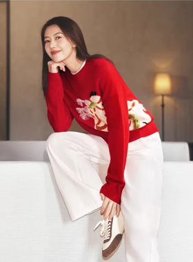 女神同款！ED家新年红色小马提花纯羊毛针织衫套头毛衣女H012702