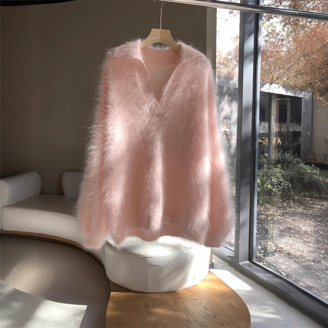 巴黎恋人！加厚显白杏粉色拉毛羊绒羊毛女衬衫V领毛衣拉绒加厚毛