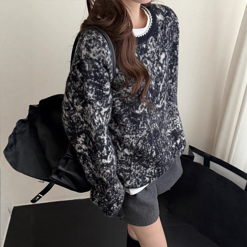 复古提花羊毛毛衣女秋冬厚内搭圆领针织衫25新款女装慵懒打底上衣