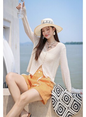 慵懒氛围感莱赛尔亚麻混纺V领针织开衫女夏镂空显瘦防晒衫H032307