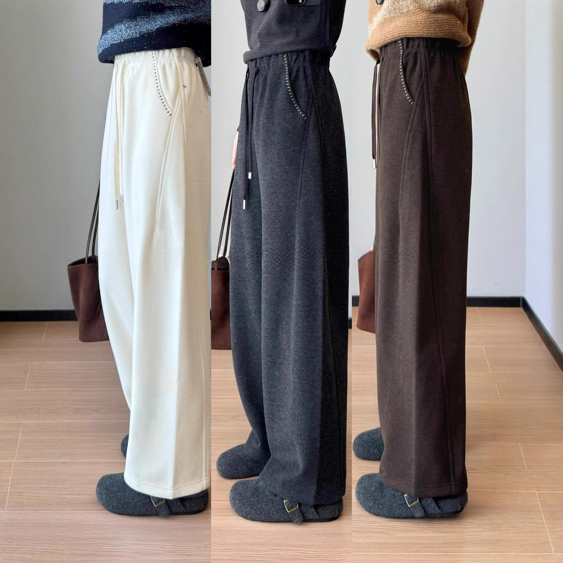 加绒月亮裤~刺绣提花松紧腰加厚保暖毛呢醋酸羊毛裤女25冬G110910