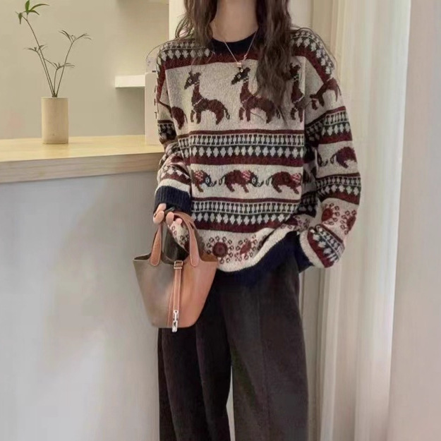 欧洲站25冬季新款欧货民族风复古提花莱赛尔羊绒毛衣女羊毛针织衫