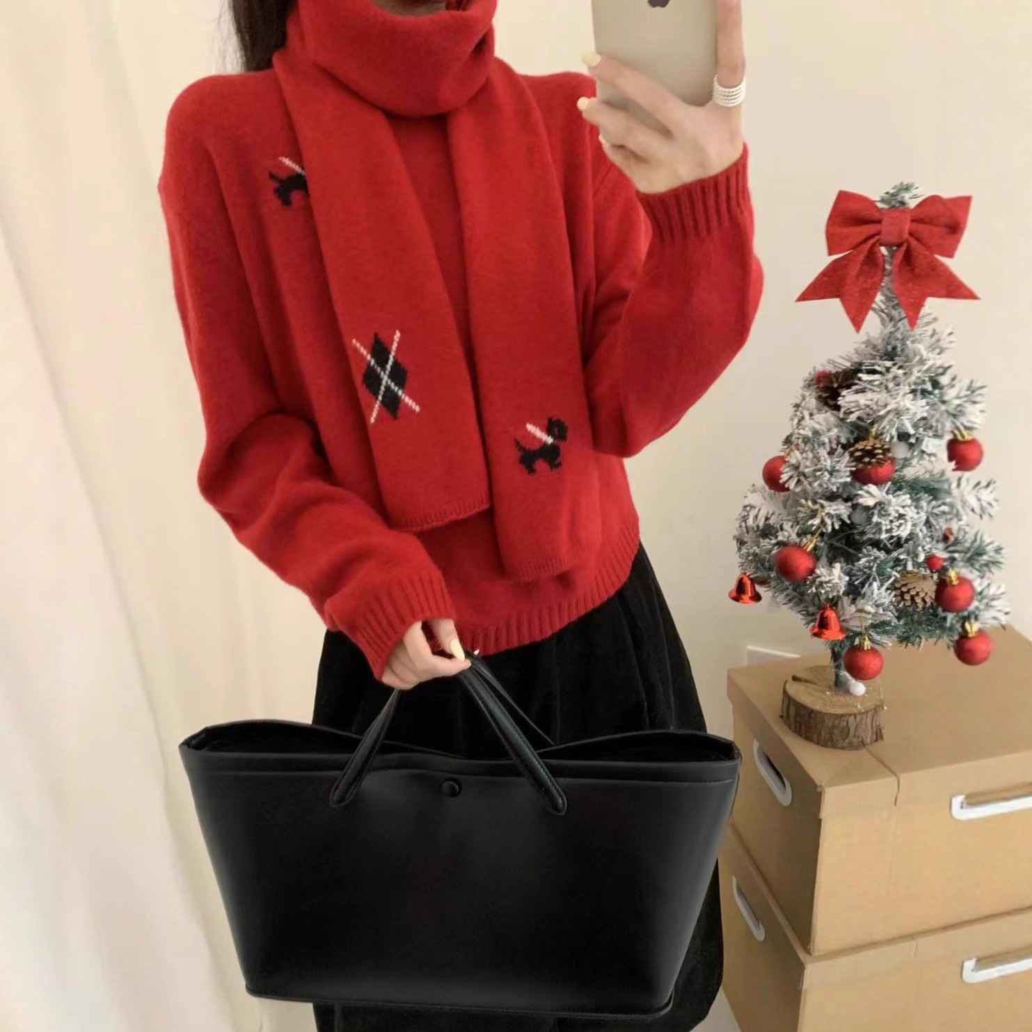 省心神器穿搭时尚高级感全羊毛针织衫女刺绣软糯两件套带围巾套装