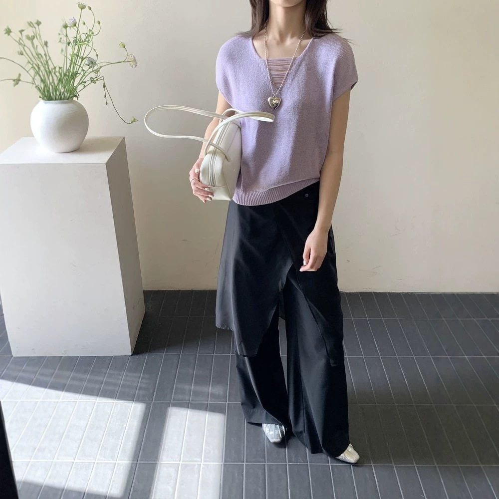 与间HAVEGAN/夏季v领设计感天丝亚麻针织T恤女老钱风慵懒松弛上衣 - 实物图