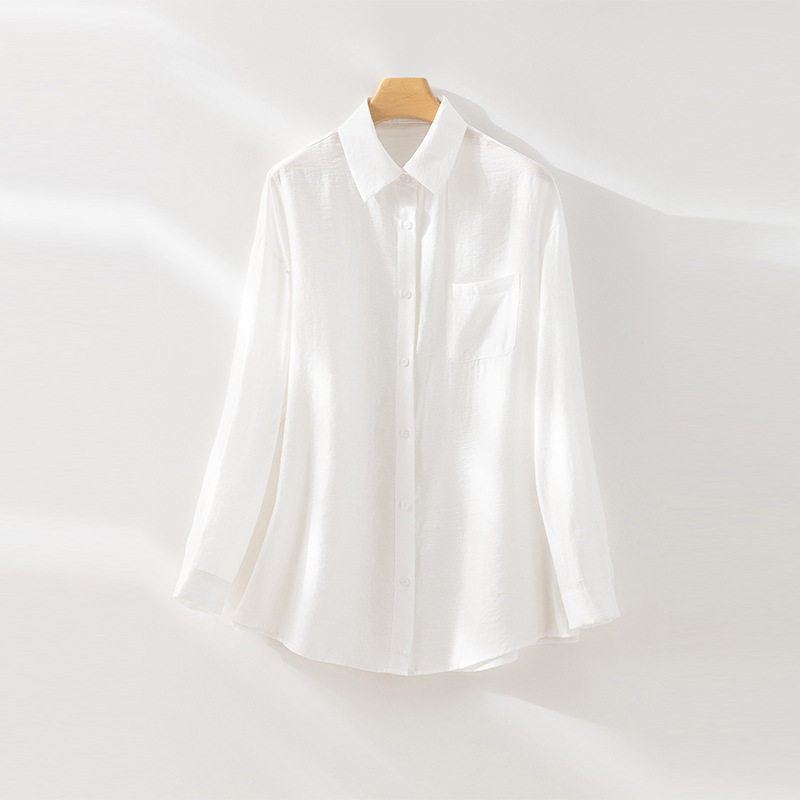 法式莱赛尔醋酸防晒衬衫上衣女夏季薄款宽松显瘦简约亚麻长袖衬衣