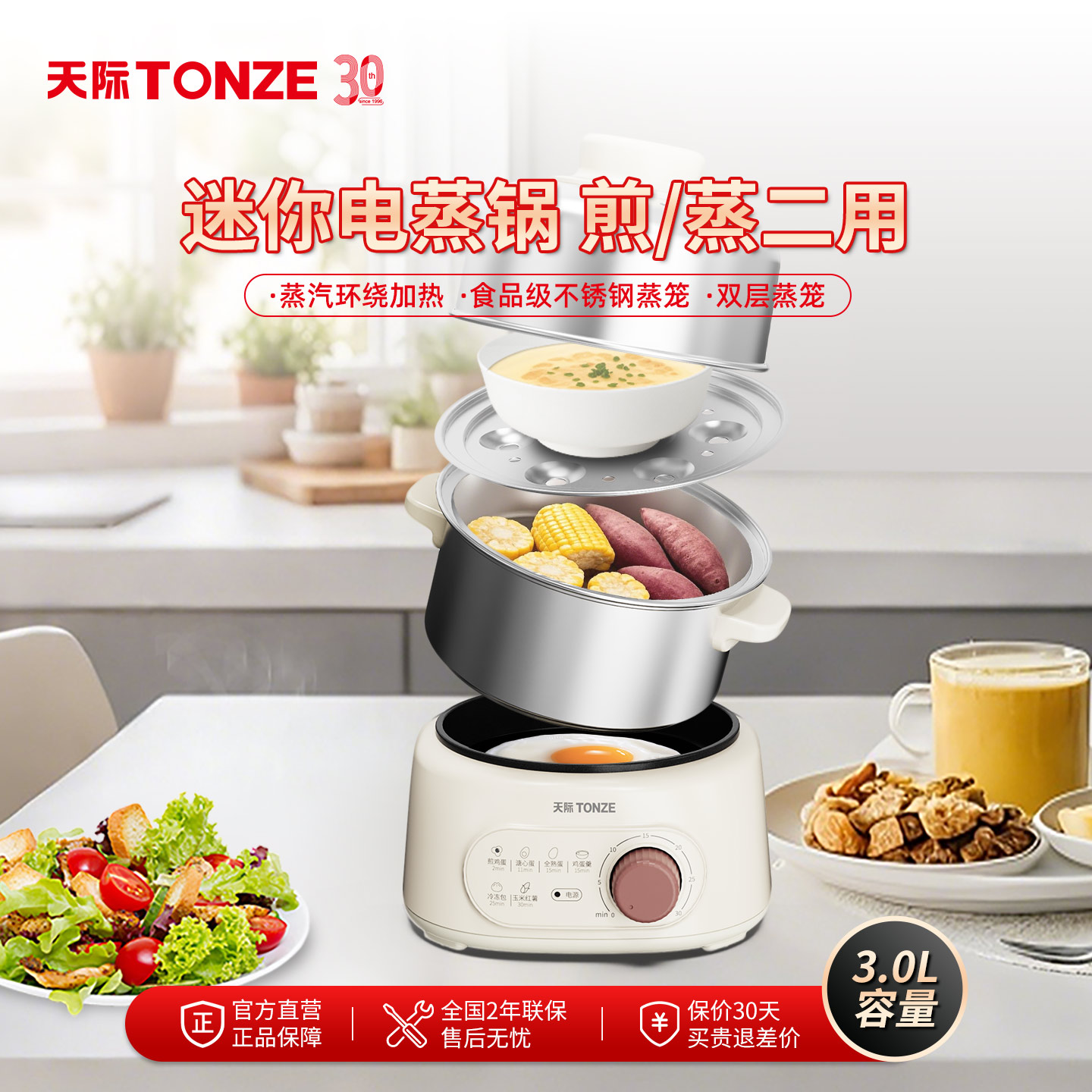 天际2层不锈钢电蒸锅家用蒸煎一体锅 早餐机迷你电蒸锅食品级不锈
