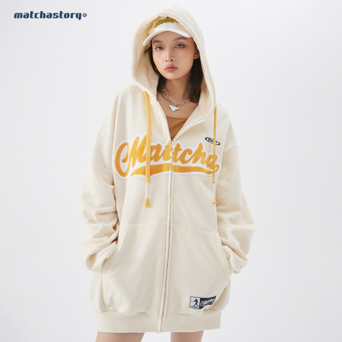 MATCHA STORY春秋潮牌毛巾绣字母连帽开衫卫衣男情侣宽松外套ins