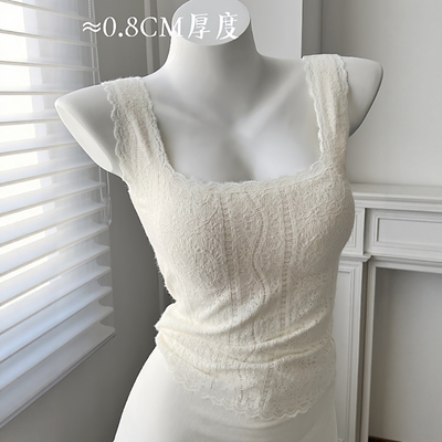 秋冬季法式蕾丝保暖吊带美背心女士自带文胸垫微磨毛内搭外穿上衣
