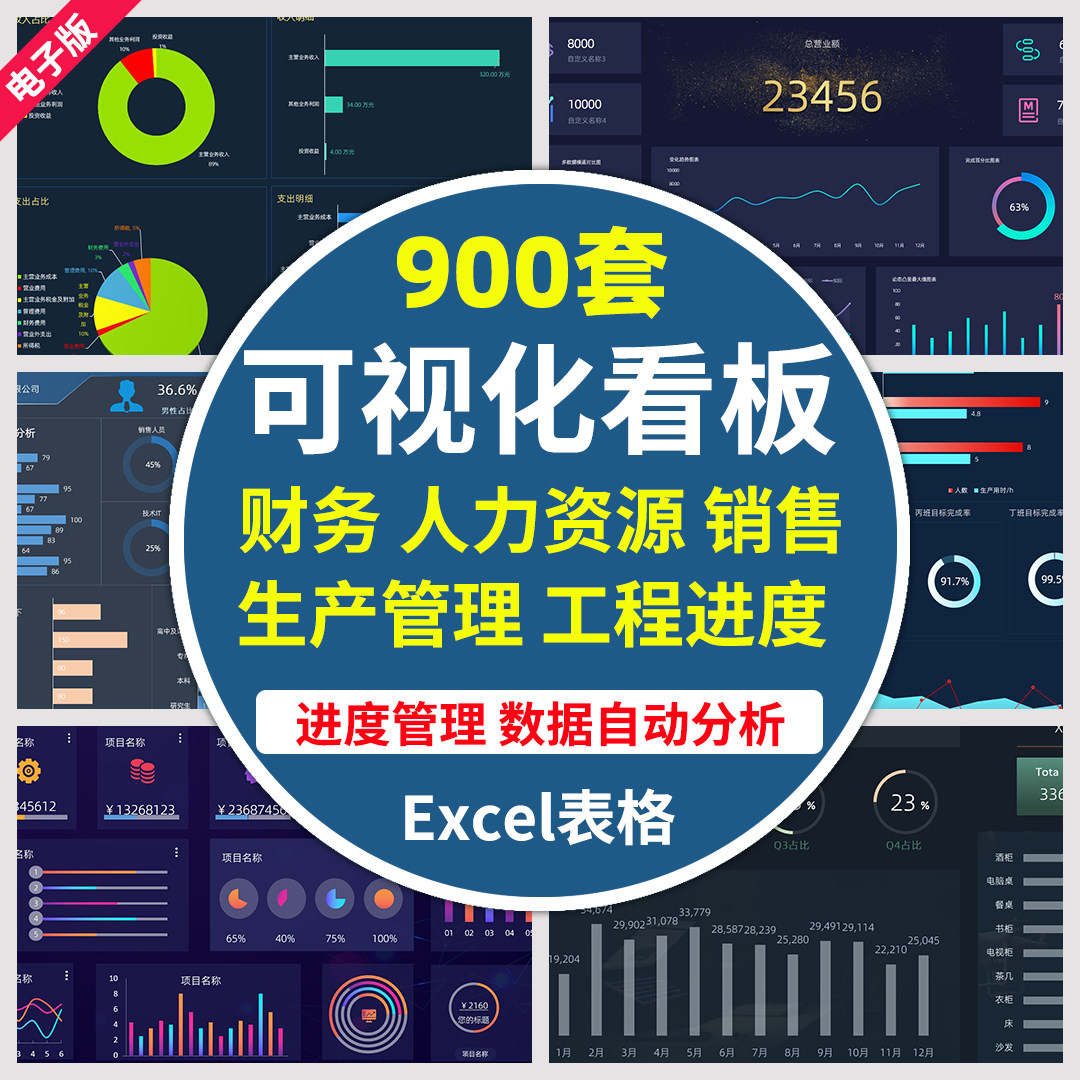 可视化数据图表看板excel分析模板财务销售生产管理工程进度表