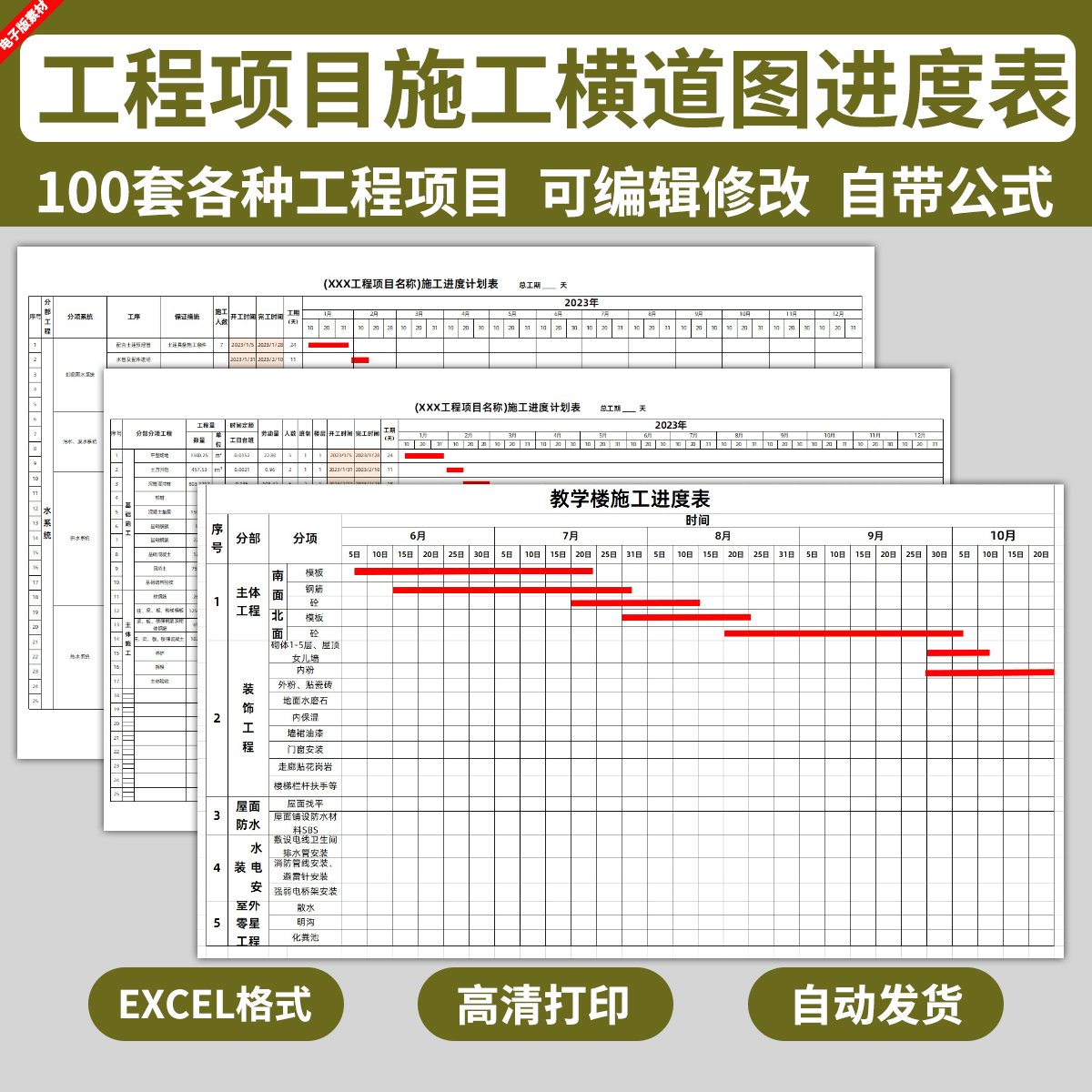 excel横道图工程项目施工进度工期表格网络图模板自动生成电子版怎么看?