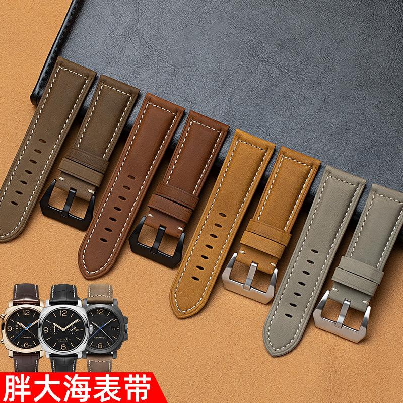 潮熙适用沛纳海表带真皮男Panerai磨砂手工复古疯马皮手表带