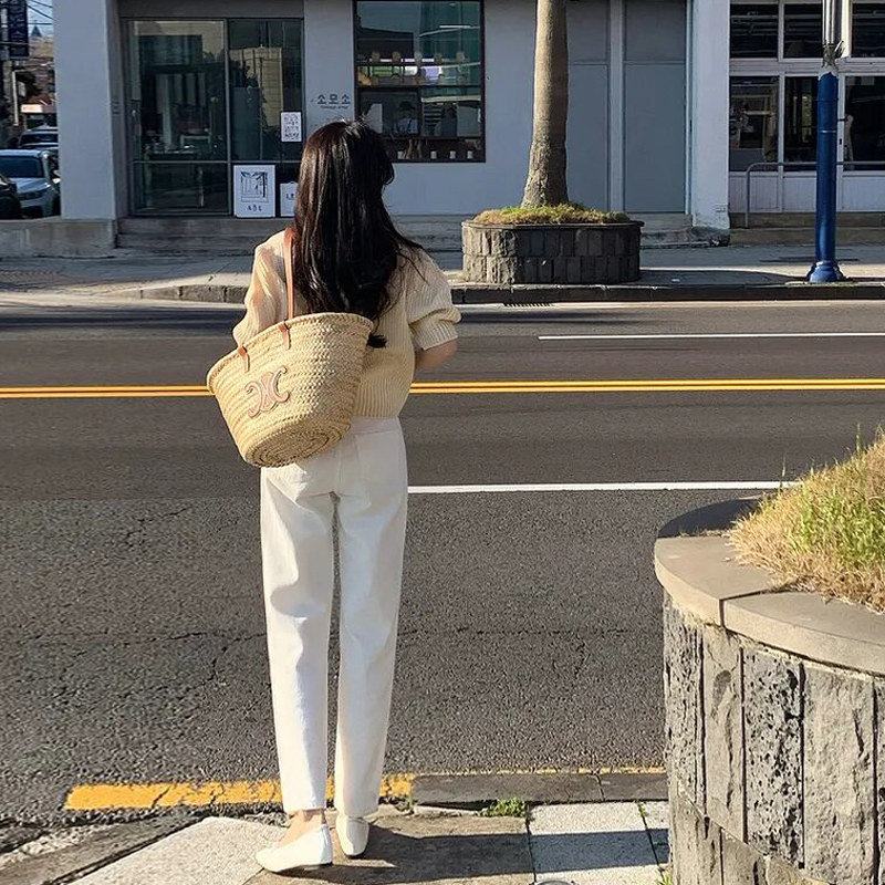 米白色高腰哈伦牛仔裤女冬季加绒加厚小个子宽松直筒萝卜老爹裤子