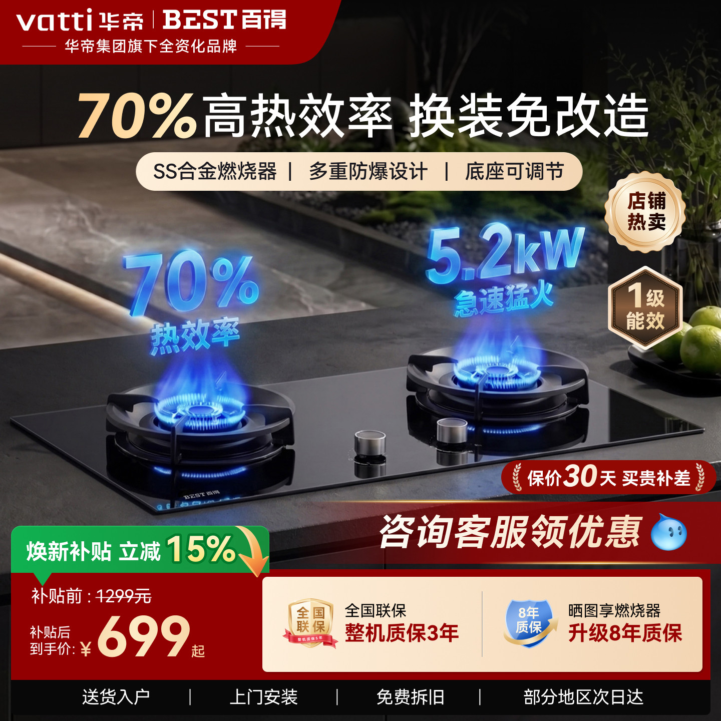 华帝百得新款家用嵌入式猛火双灶图片