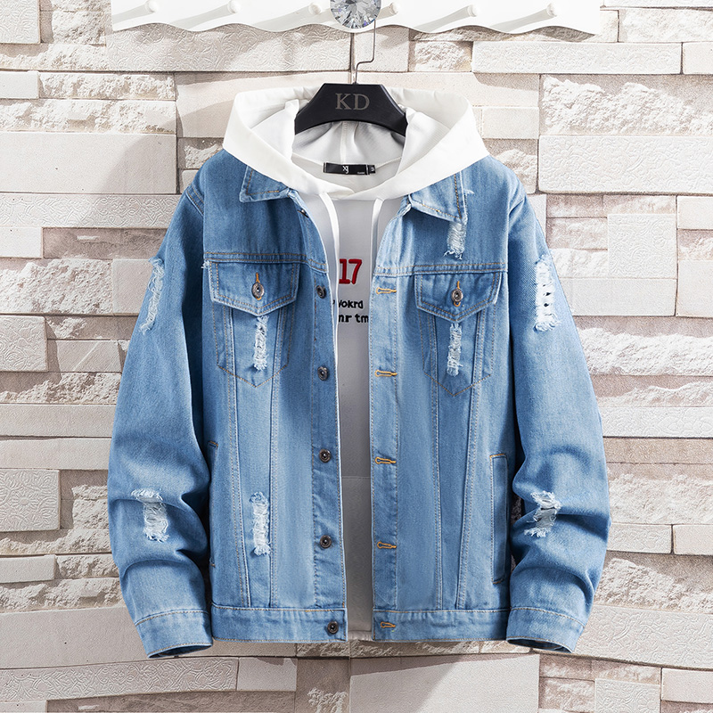 Spring new denim jacket men's trend casual student hooded Korean jacket