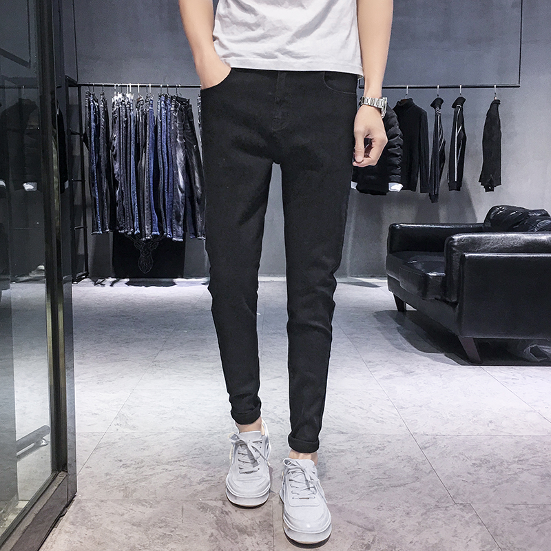 Pure black jeans men's slim little foot stretch pants Korean popular casual pants