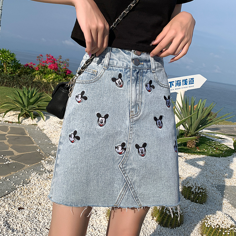 Real price Mini Daisy Mickey skirt high waist Mini Daisy embroidery denim skirt slim A-line skirt