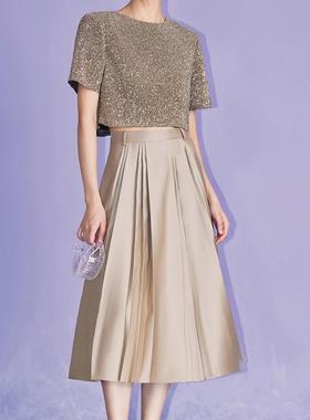 【P*RING同款】卡其百褶裙精致奢感雾面金属感A字灰色半身裙AA