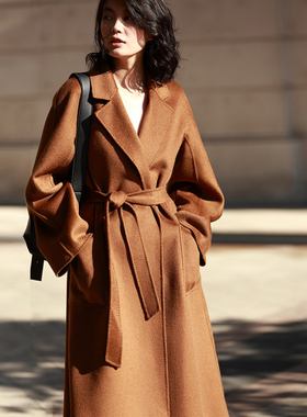 M家水波纹双面羊绒羊毛大衣女焦糖色明星同款2025年秋冬lababorS