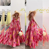 8米大裙摆粉色印花吊带连衣裙度假沙滩裙AA 本80%莱赛尔 高版