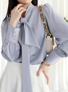 【断码特价，5折】飘带蝴蝶结衬衫泡泡袖缎面垂坠抗皱通勤衬衫AA