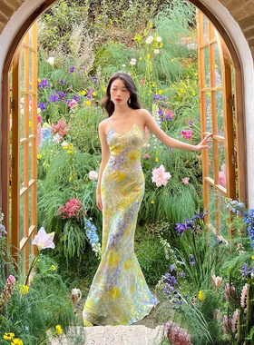 【莫奈花园】真丝吊带连衣裙法式复古油画吊带裙桑蚕丝AA