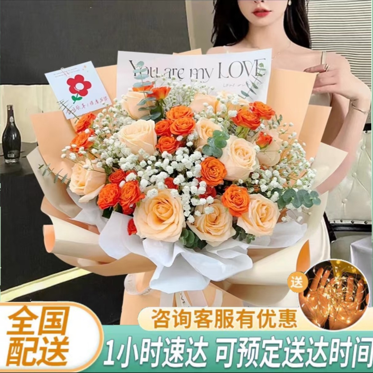 鲜花速递向日葵香槟玫瑰生日情人节花束礼物同城店配送店女友