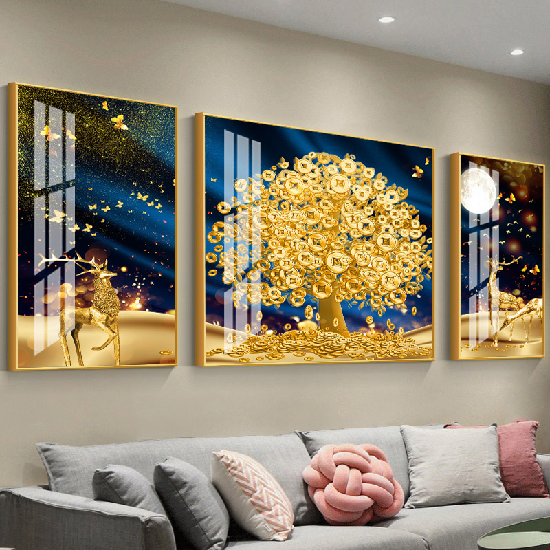 晶瓷客厅装饰画现代简约轻奢北欧发财麋鹿沙发背景墙三联气质挂画图片