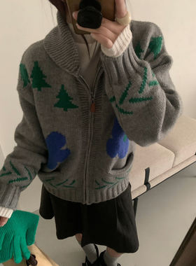 【秒发】韩国sienne冬季新款复古小马撞色提花毛衣翻领针织开衫女