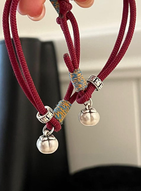 铜厚银复古柿柿如意手链 柿子回纹筒调节藏式手链平安扣纯银红绳