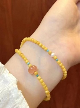 新中式蜜蜡黄琉璃串珠手链女双圈叠戴古风手串小众设计闺蜜手饰