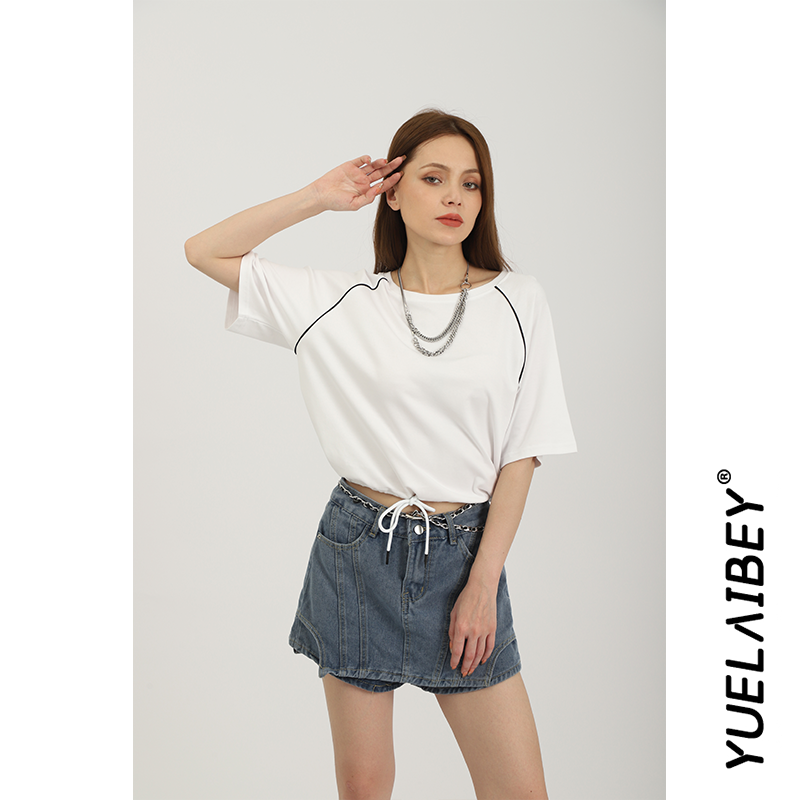 YUELAIBEY/月莱贝衣女生短款短袖T恤高腰露脐纯棉宽松休闲上衣潮