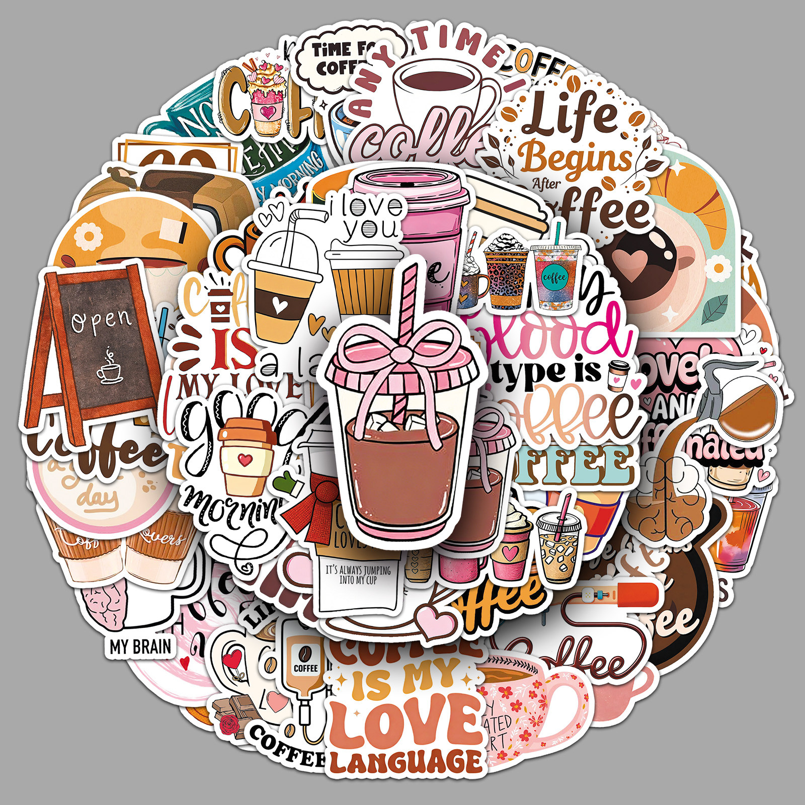 50张咖啡英文涂鸦贴纸coffee卡通防水装饰笔记本电脑吉他滑板贴纸