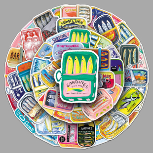 50张手绘秋刀鱼罐头贴纸可爱卡通涂鸦防水装饰手账本冰箱吉他贴纸