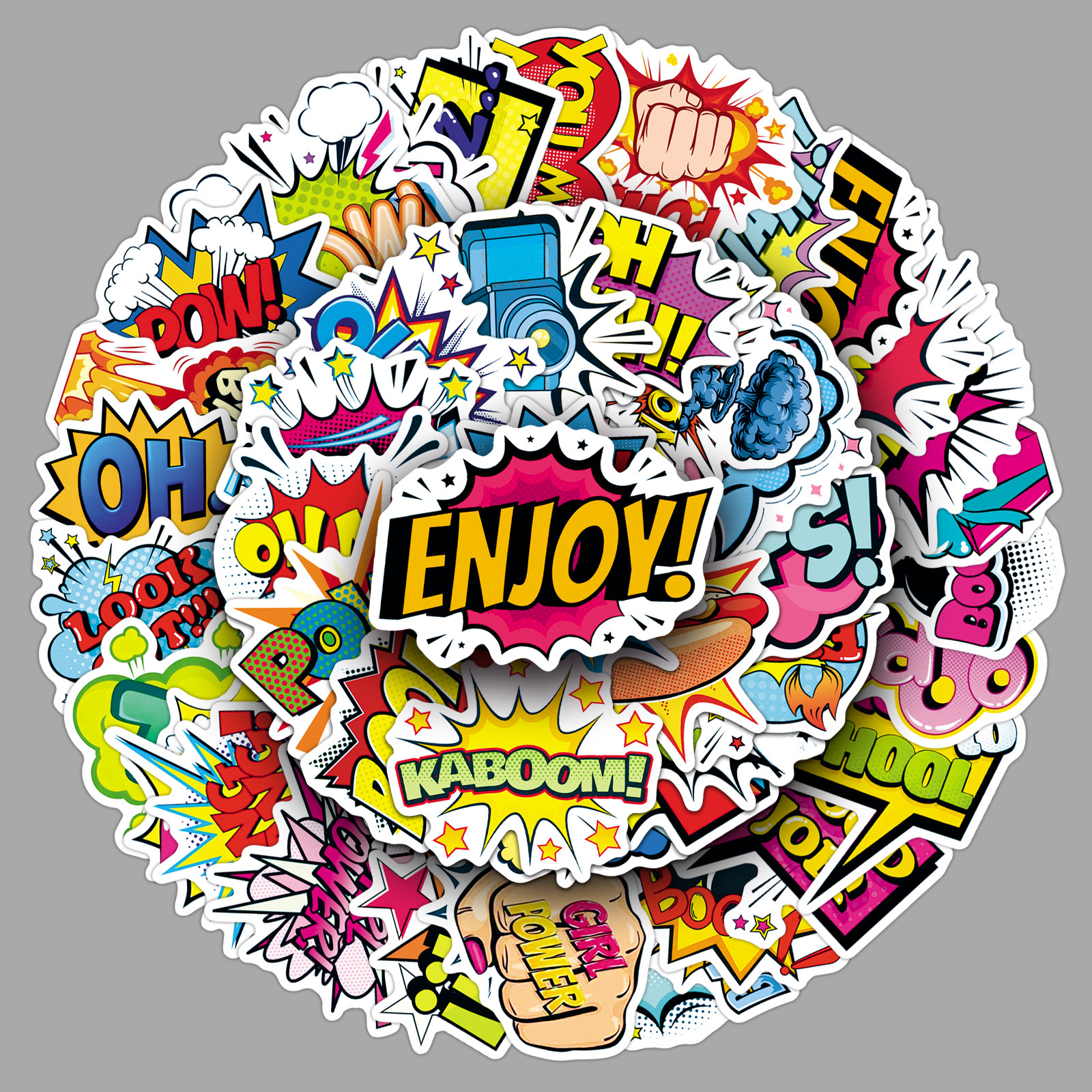 50张爆炸贴纸boom文字创意防水装饰滑板车旅行箱头盔水杯冰箱贴纸