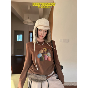 T恤625725 冬上新复古毛线球直喷印花内里抓绒正肩长袖 FISH