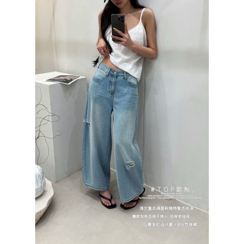 TOP 欧制-古调独特复古光泽后腰多扣设计九分气球牛仔裤61803浅兰