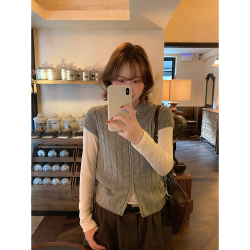 ower April（FA）-质通勤风半袖绞花立领拉链女无袖背心马甲95031