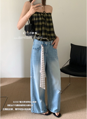 TOP 欧制-百搭拖地裤磨破增添街头随性感牛仔裤(配丝巾)82587浅兰