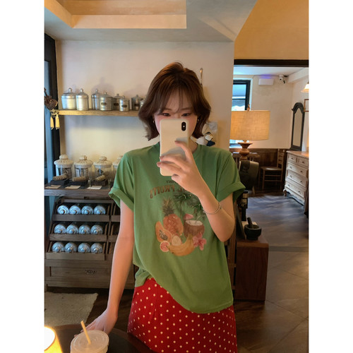 ower April（FA）-假风水果印花短袖女宽松百搭圆领短袖T恤180430