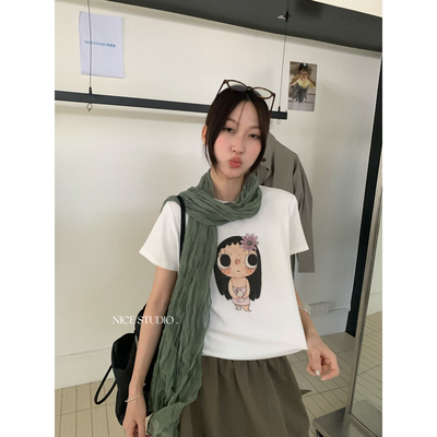 奶思家NICE STUDIO-上新爆款小玉印花工艺正肩显瘦短袖T恤R10105
