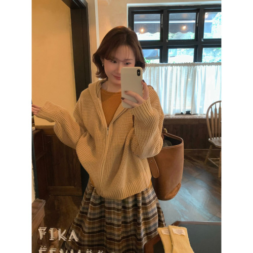 ower April（FA）-链针织毛衣女慵懒风蓝色开衫连帽上衣毛衣98031